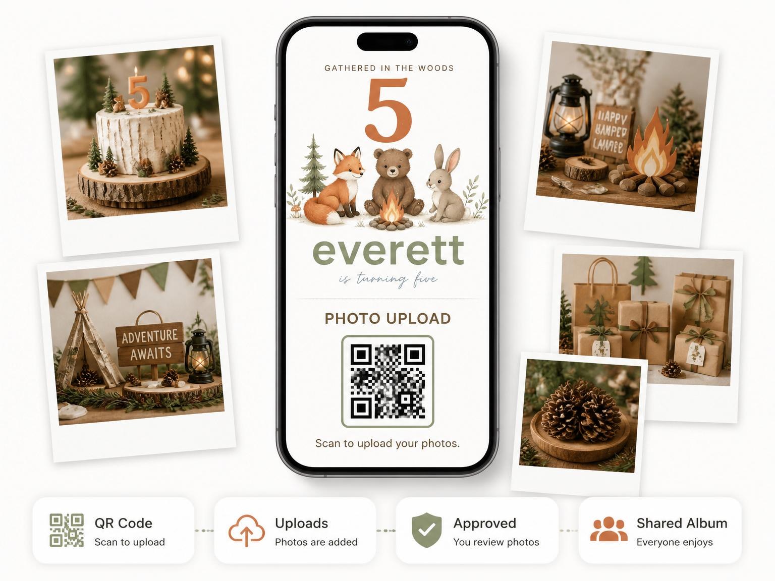 The shared photo gallery that comes with the Watercolor Woodland Animal Campfire 5th Birthday invitation