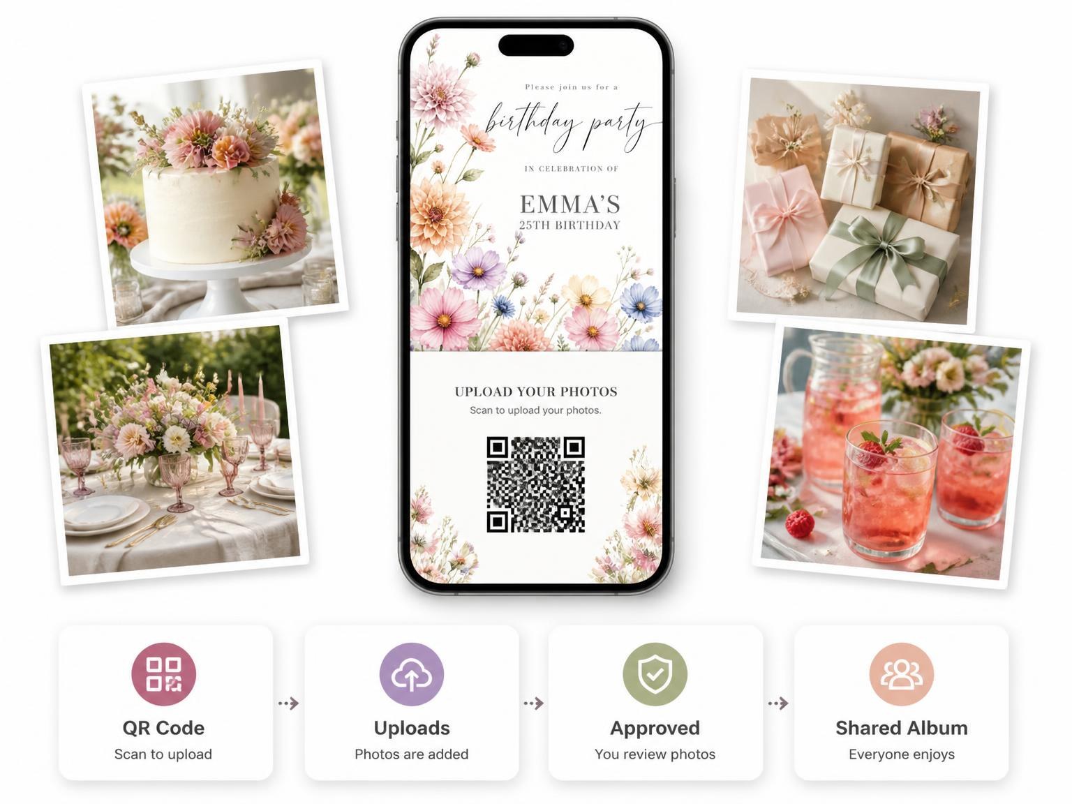 The shared photo gallery that comes with the Pastel Dahlias Cosmos 25th Birthday Invitation invitation