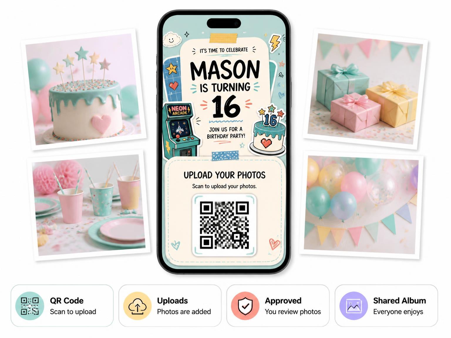 The shared photo gallery that comes with the Arcade Cabinet Pastel 16th Birthday Invitation invitation