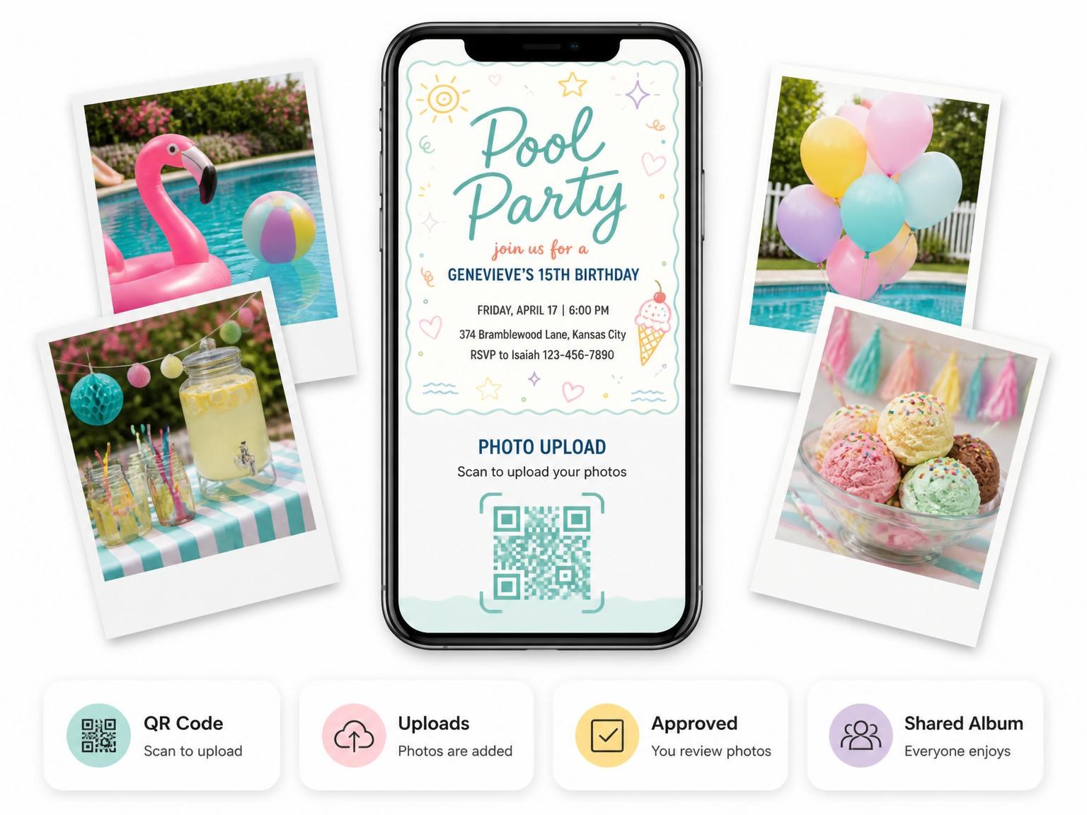 The shared photo gallery that comes with the Teal Border Pool Party 15th Birthday invitation
