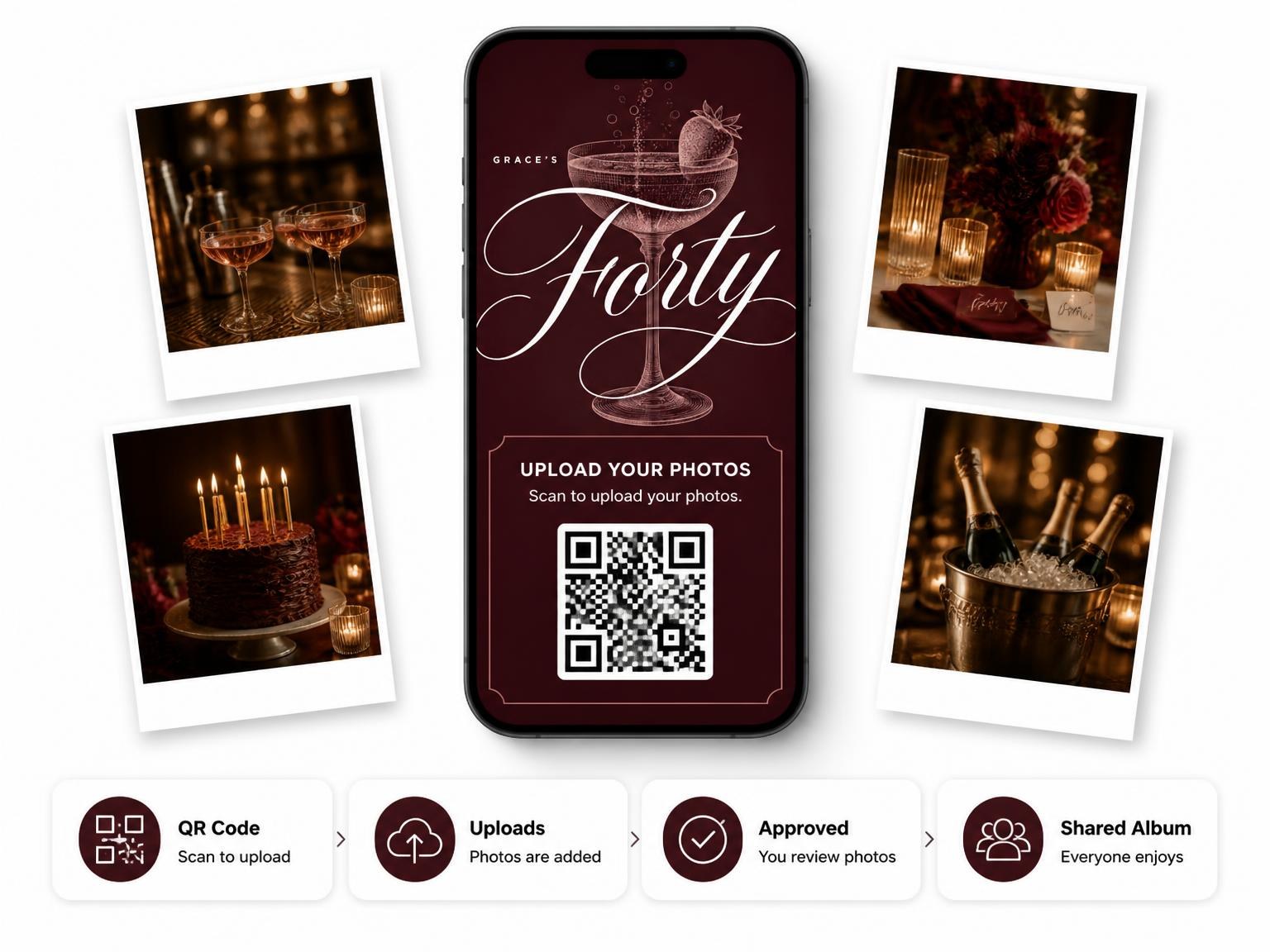The shared photo gallery that comes with the Burgundy Cocktail 40th Birthday Invitation invitation