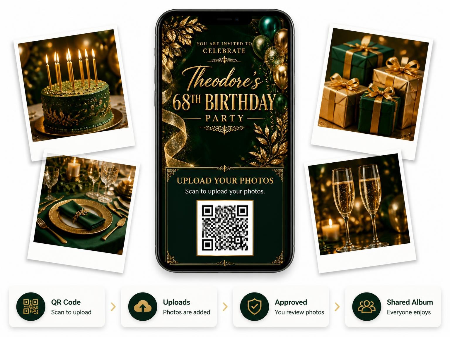 The shared photo gallery that comes with the Emerald and Champagne 68th Birthday Invitation invitation