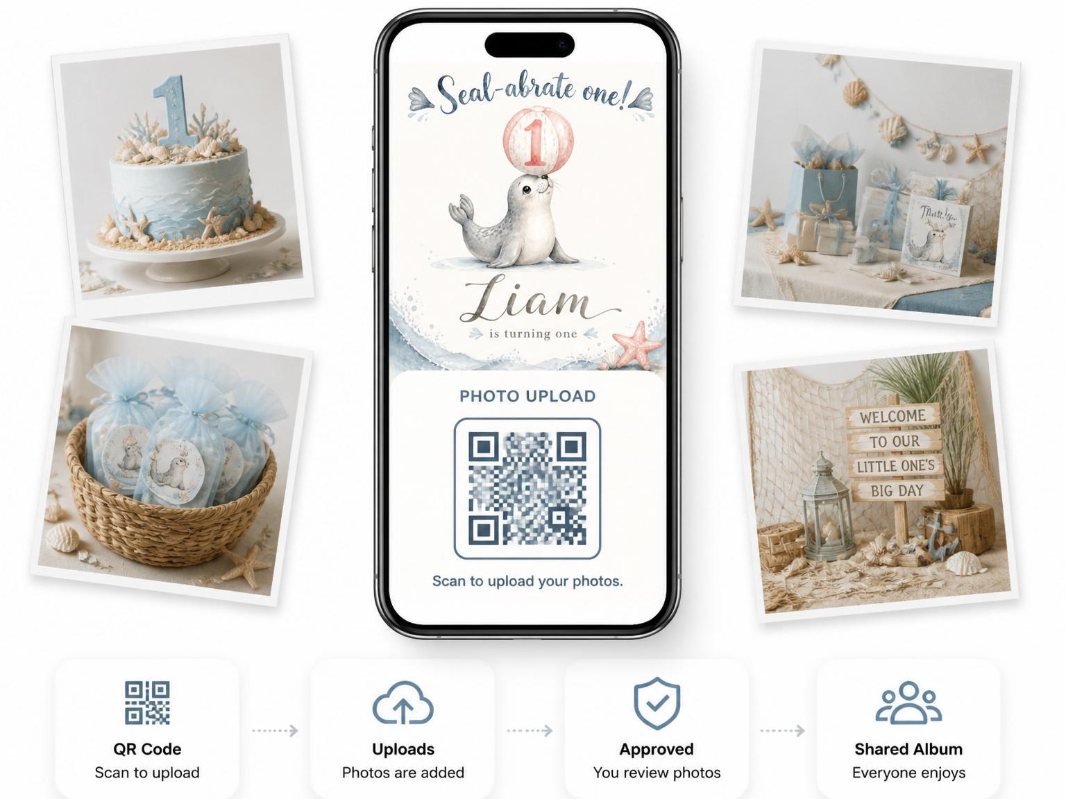 The shared photo gallery that comes with the Watercolor Seal Beach 1st Birthday invitation