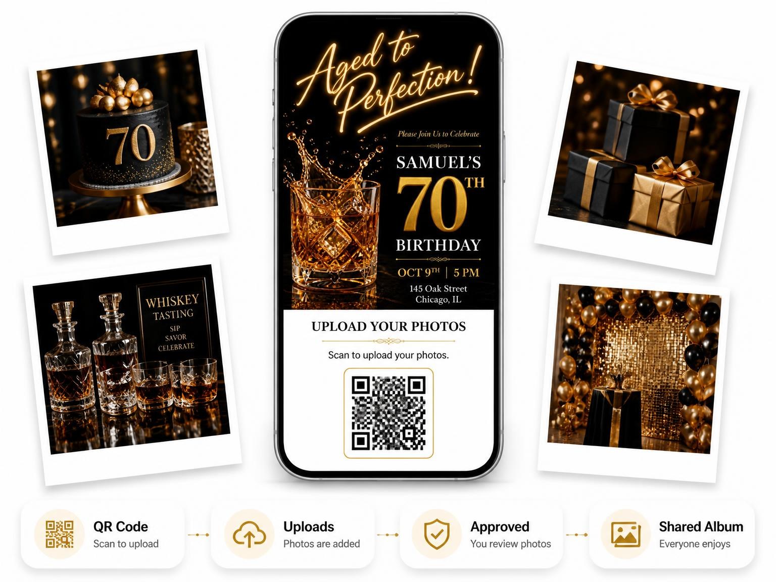 The shared photo gallery that comes with the Whiskey Tumbler 70th Birthday Invitation invitation