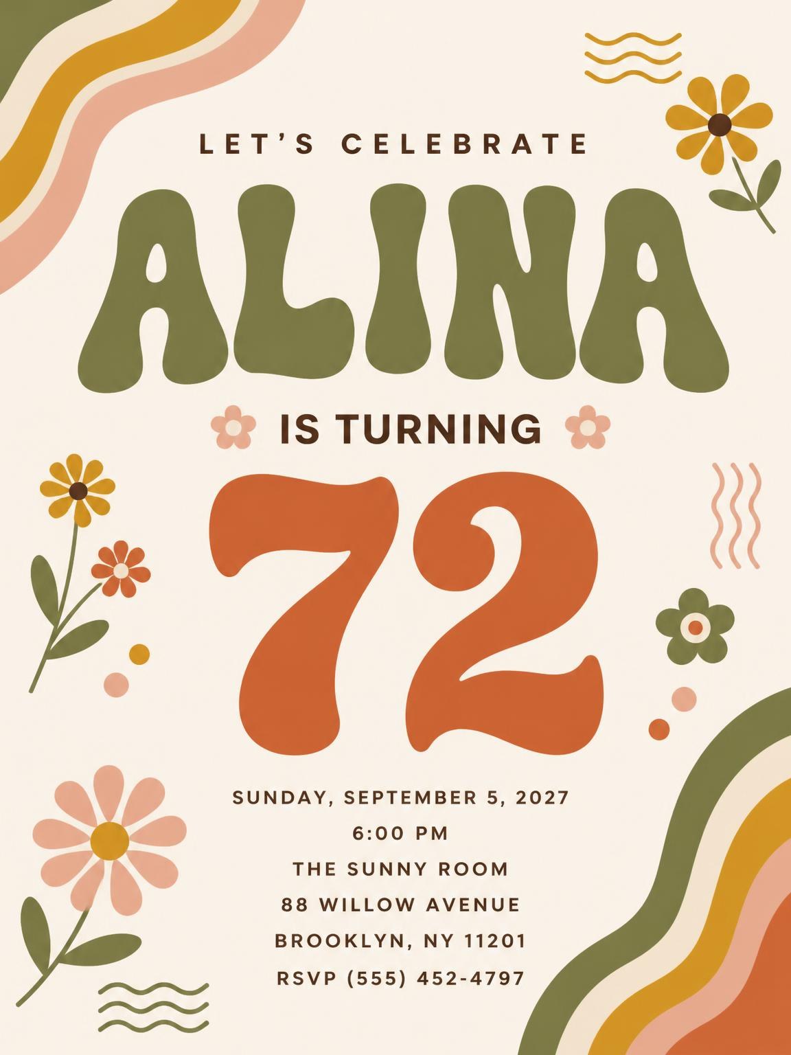 Groovy Retro 72nd Birthday Invitation