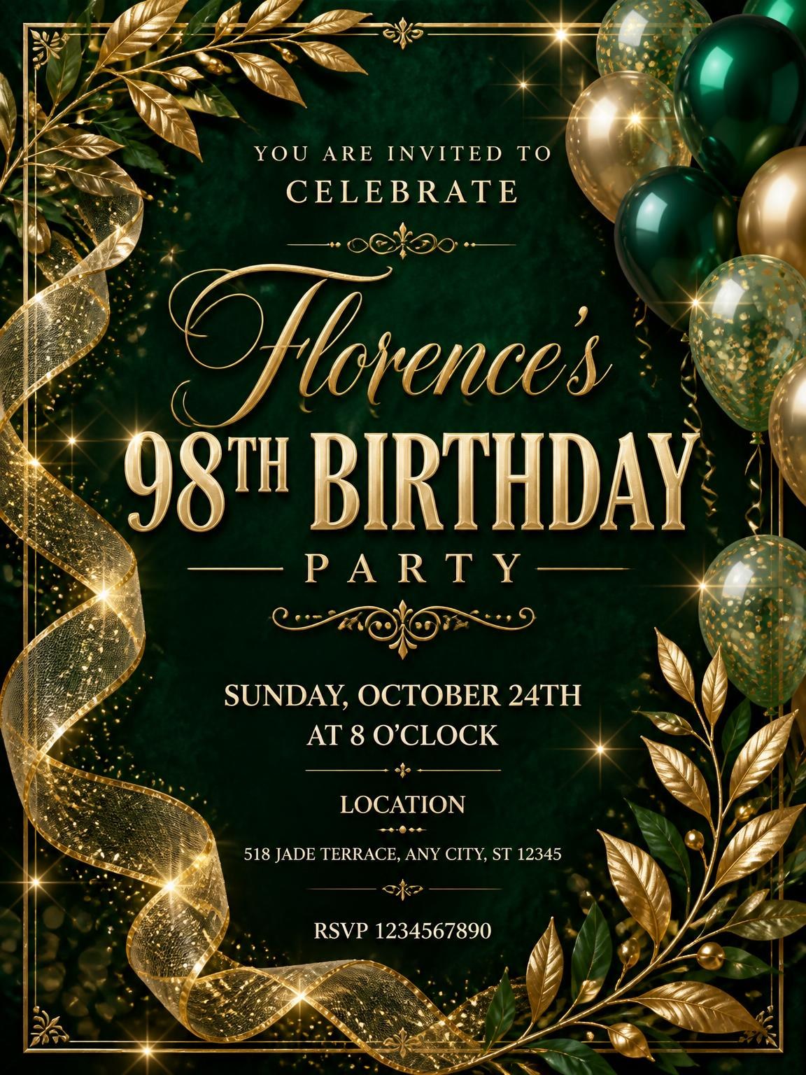 Emerald and Champagne 98th Birthday Invitation