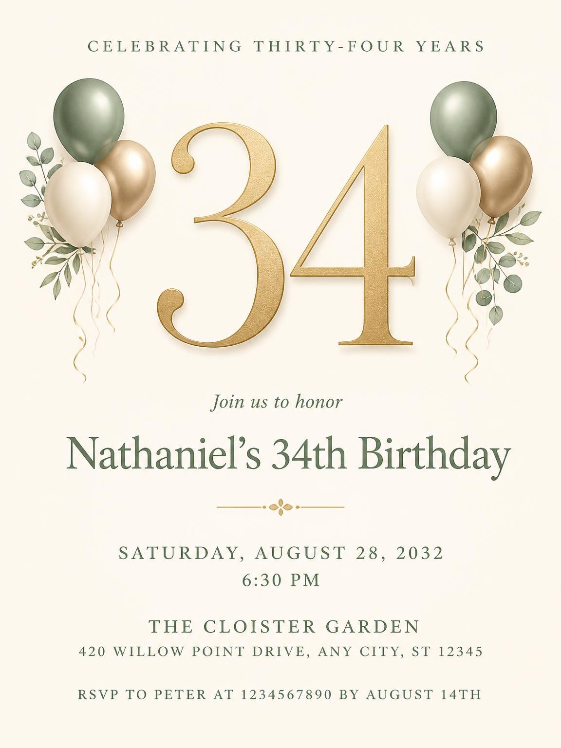 Sage and Ivory 34th Birthday Invitation
