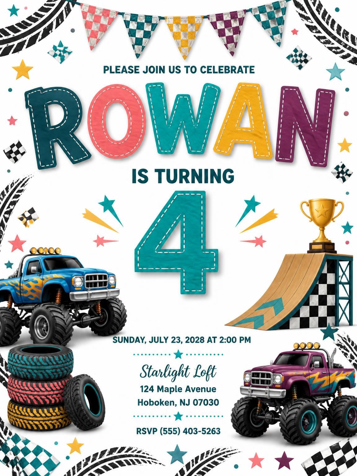 Stitched Monster Truck 4th Birthday Invitation