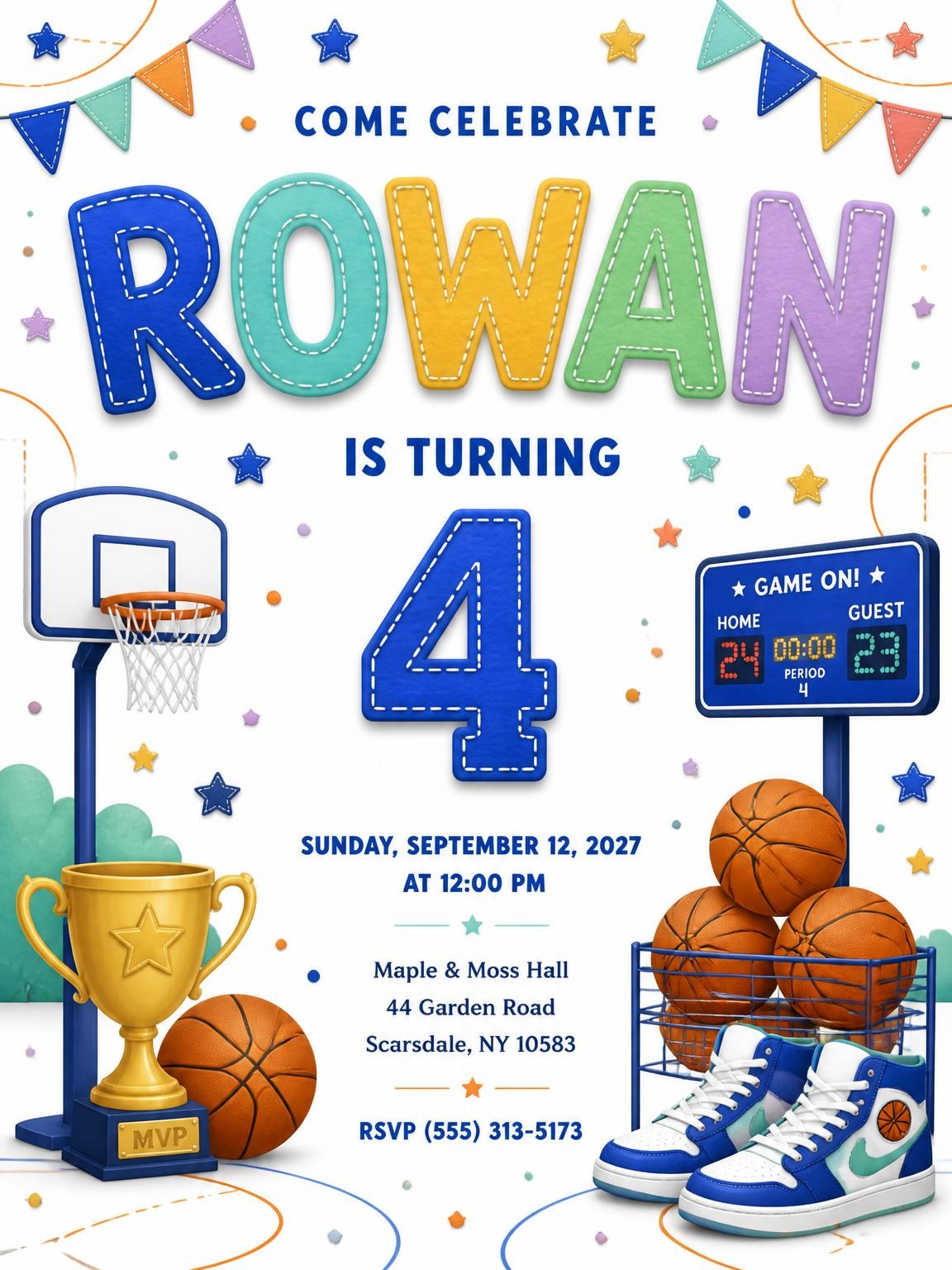 Stitched Basketball 4th Birthday Invitation