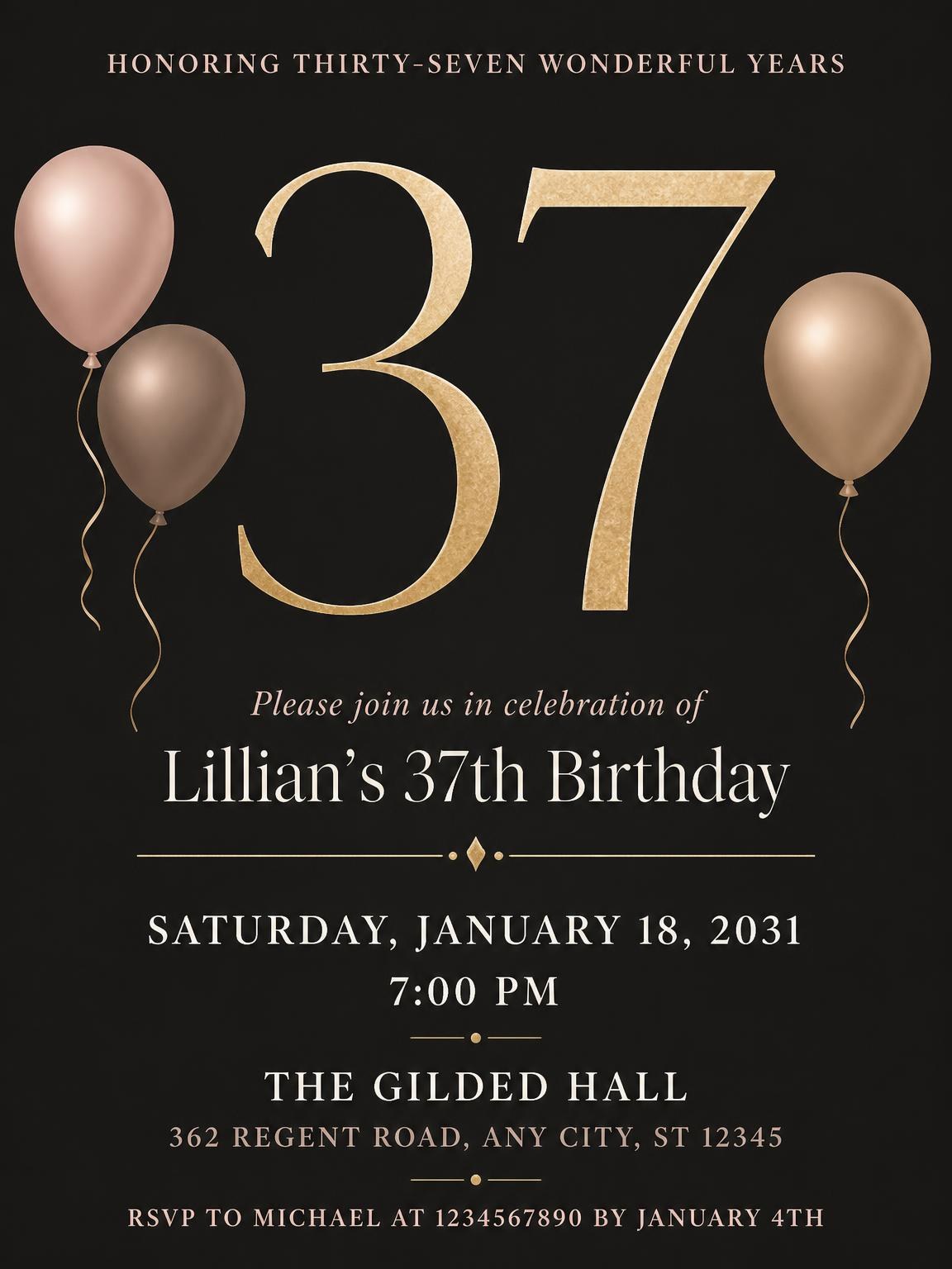 Charcoal and Blush 37th Birthday Invitation
