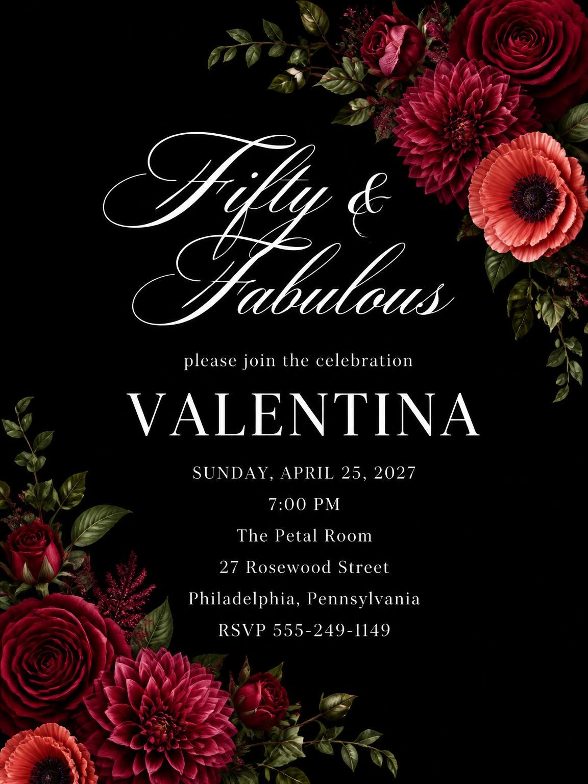 Black Floral 50th Birthday Invitation