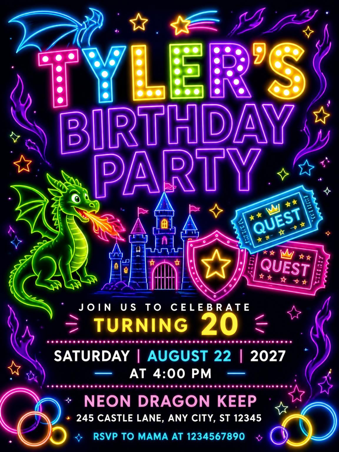Neon Dragon 20th Birthday Invitation