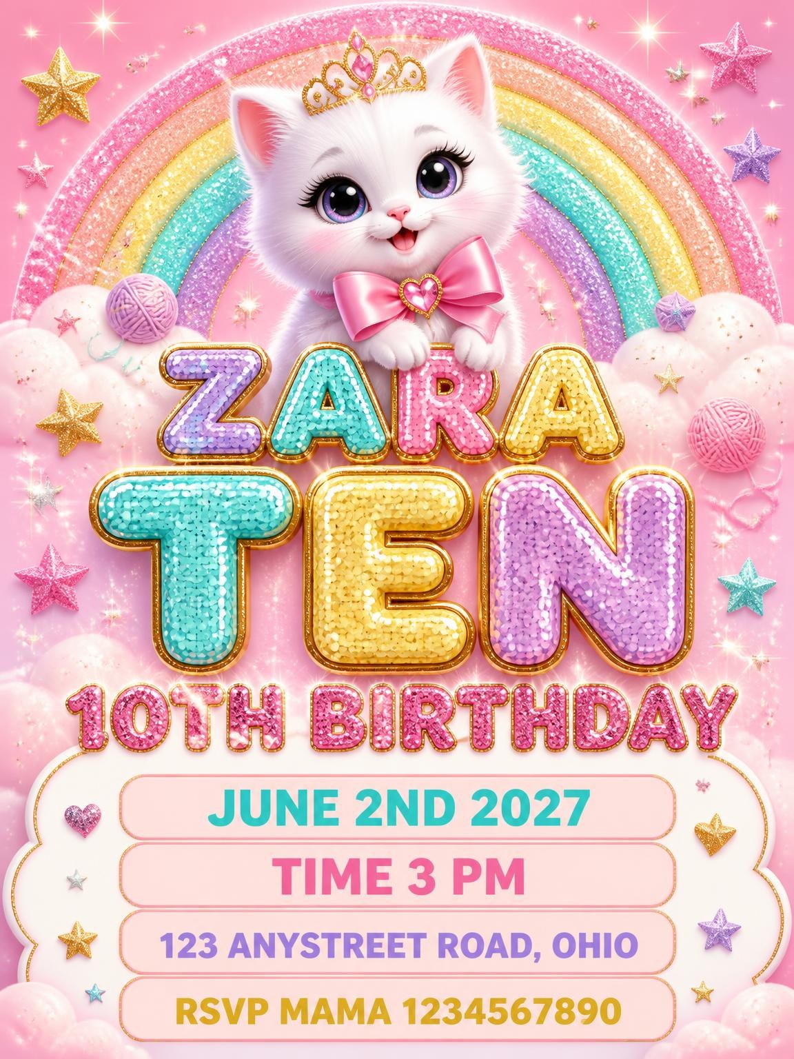 Glitter Kitty Cat 10th Birthday Invitation