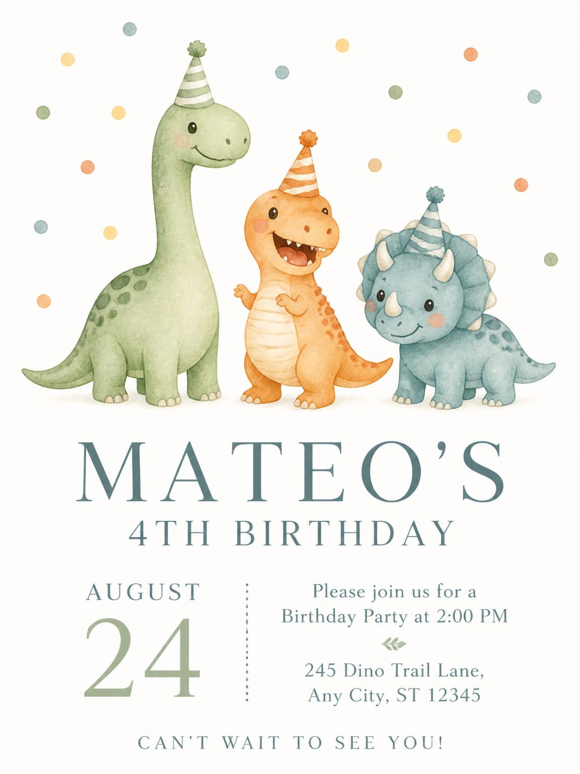 Watercolor Dino Party Invitation