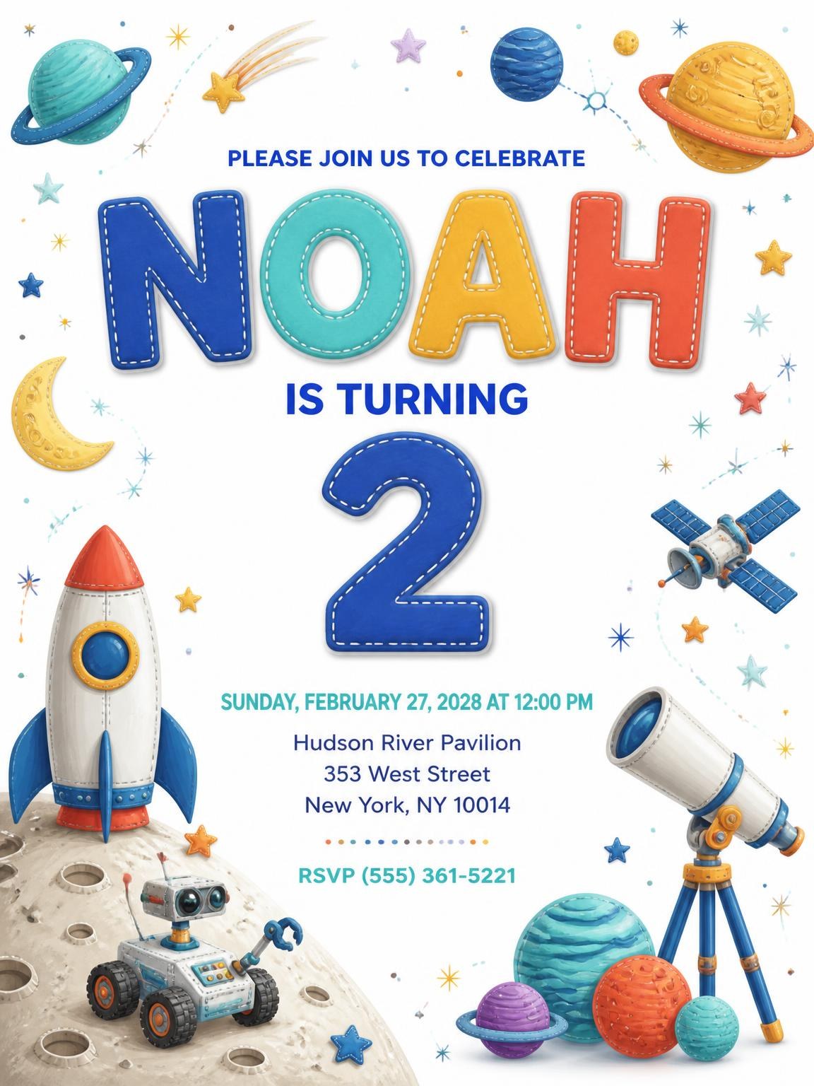 Stitched Space 2nd Birthday Invitation