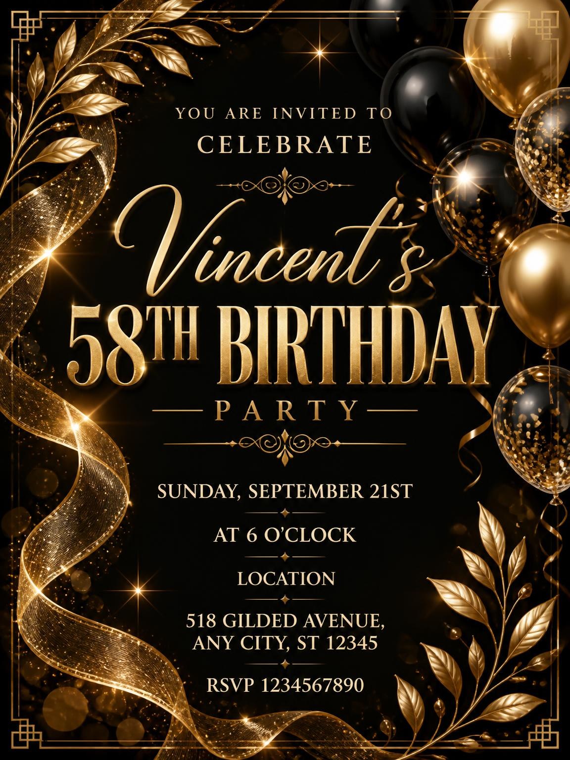 Black and Gold 58th Birthday Invitation