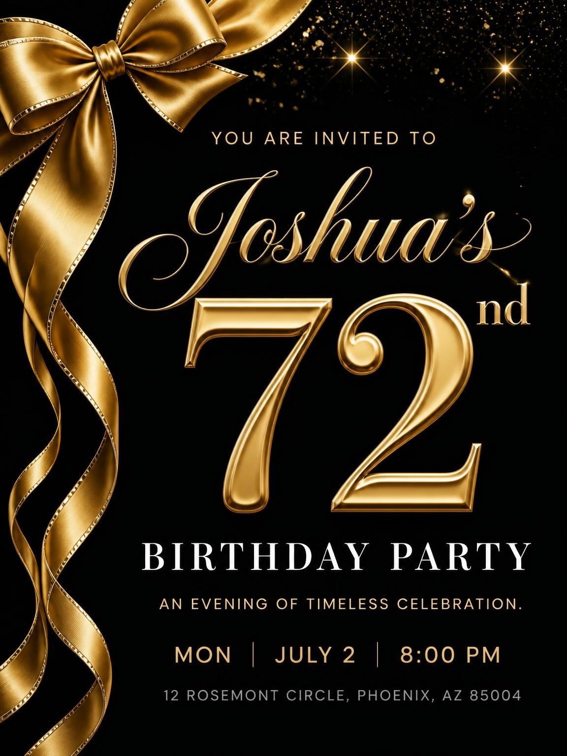 Black and Gold Ribbon 72nd Birthday