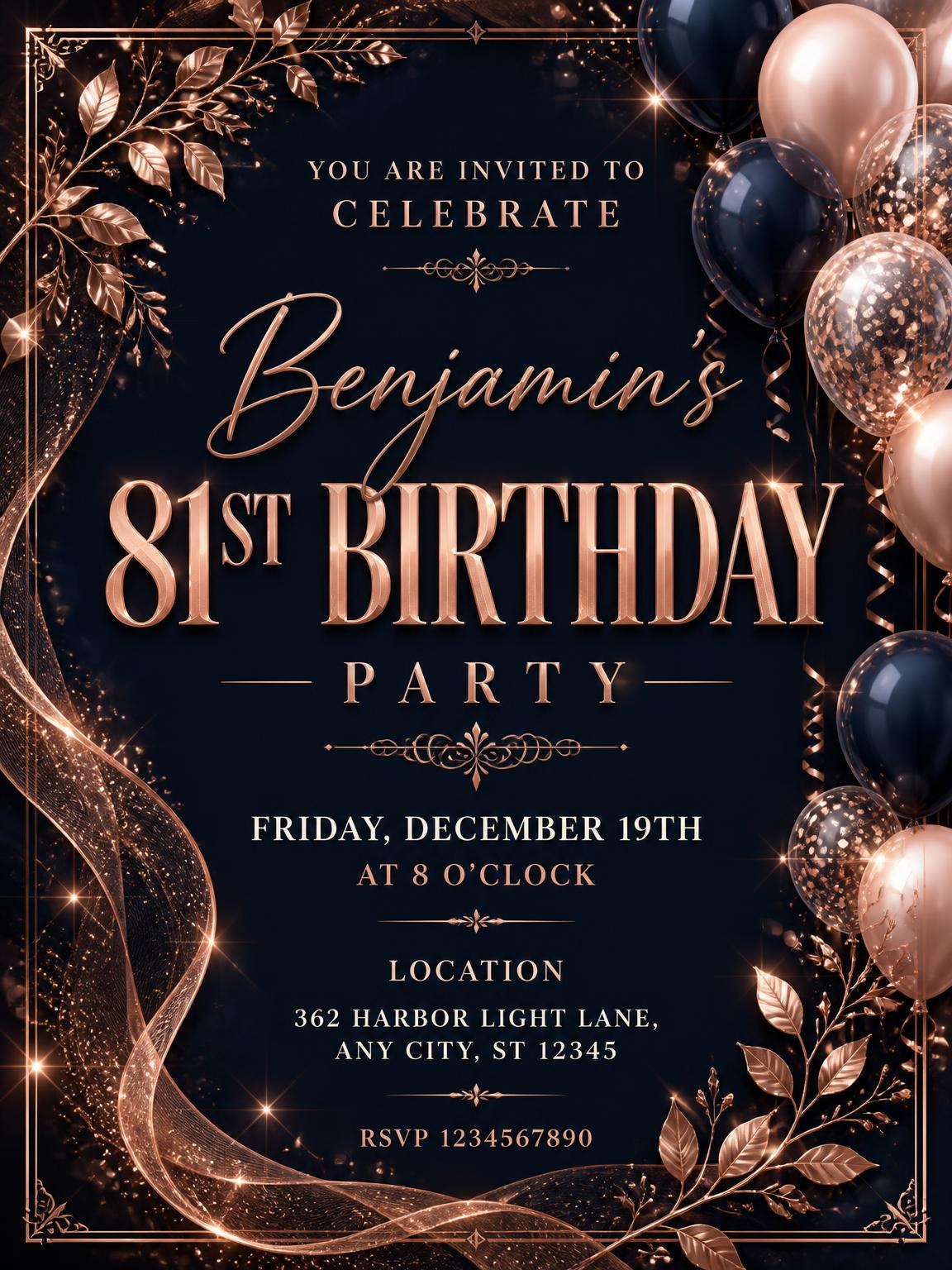 Navy and Rose Gold 81st Birthday Invitation