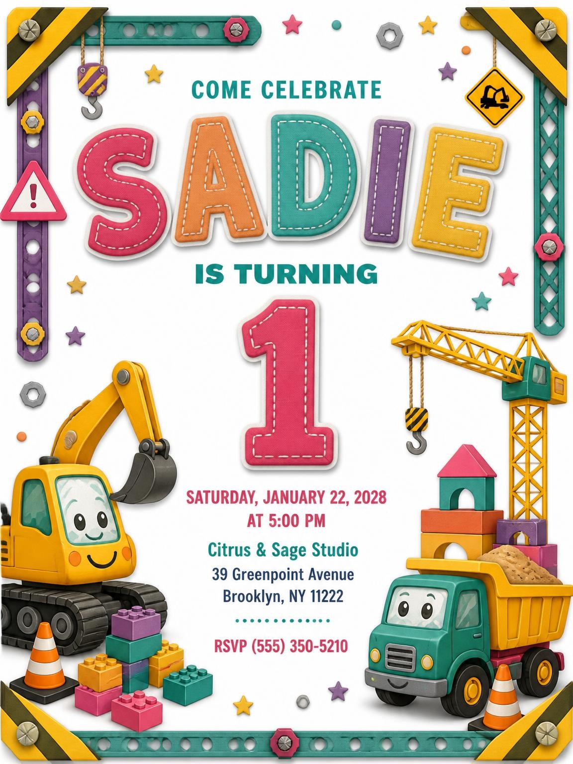Stitched Construction 1st Birthday Invitation