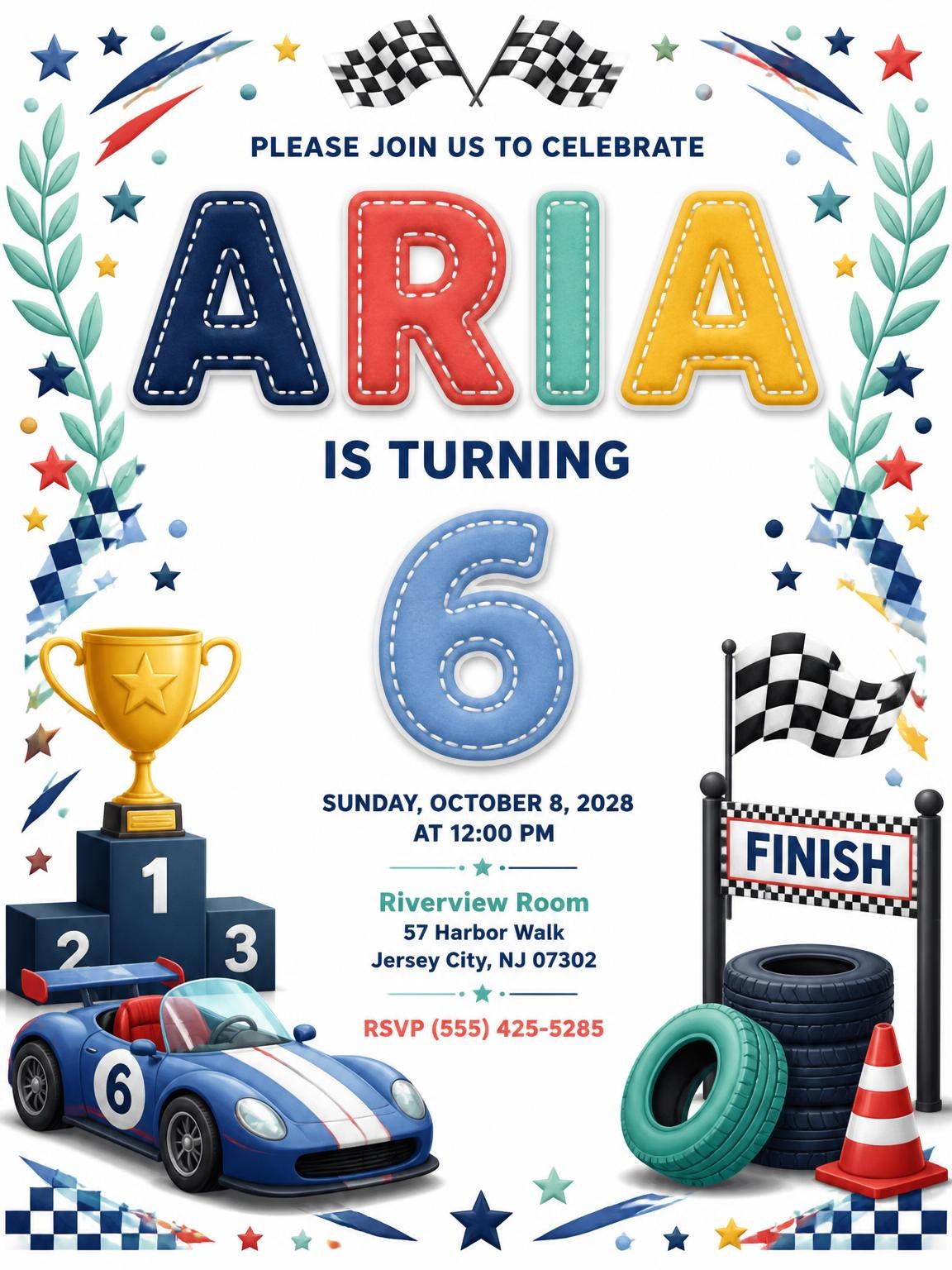 Stitched Race Car 6th Birthday Invitation