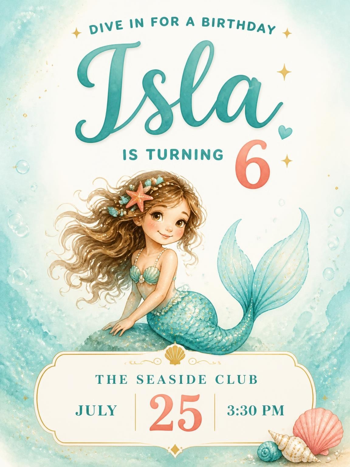 Watercolor Mermaid Teal 6th Birthday Invitation