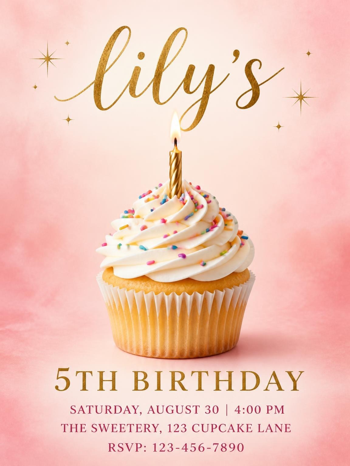 Pink Watercolor Cupcake 5th Birthday