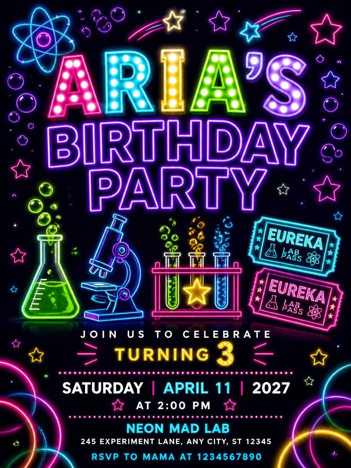 Neon Science Lab 3rd Birthday Invitation