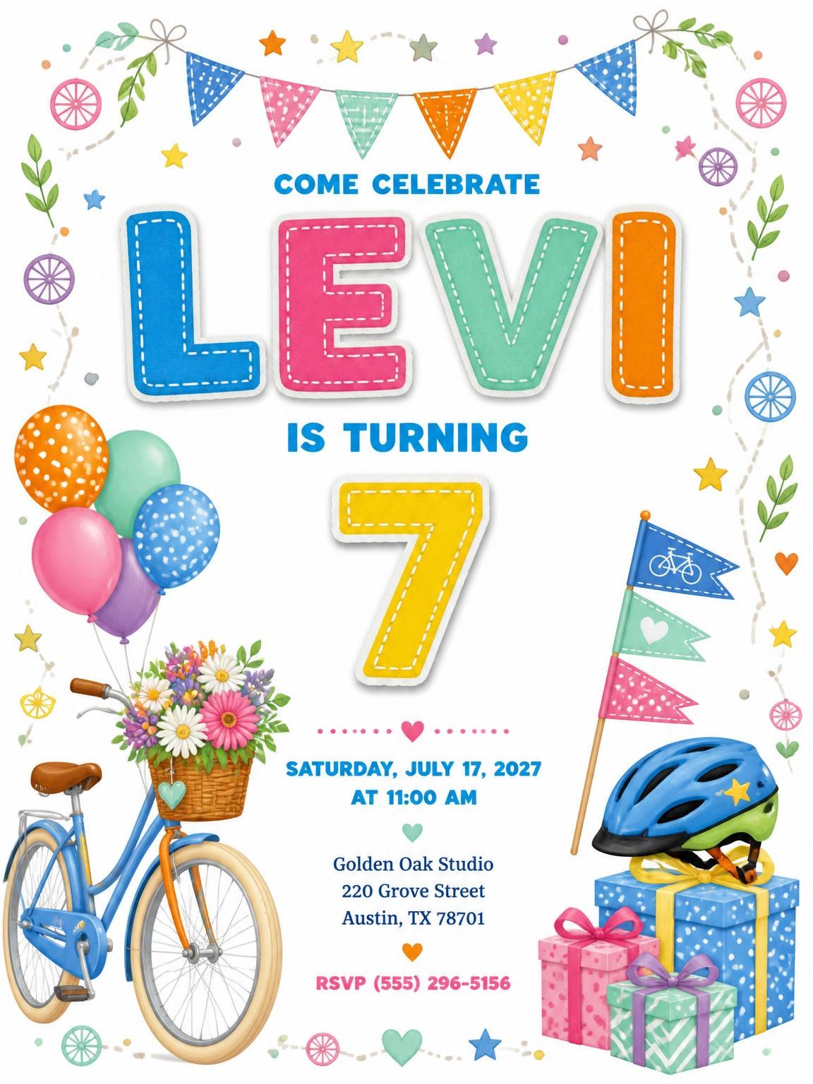 Stitched Bike Ride 7th Birthday Invitation