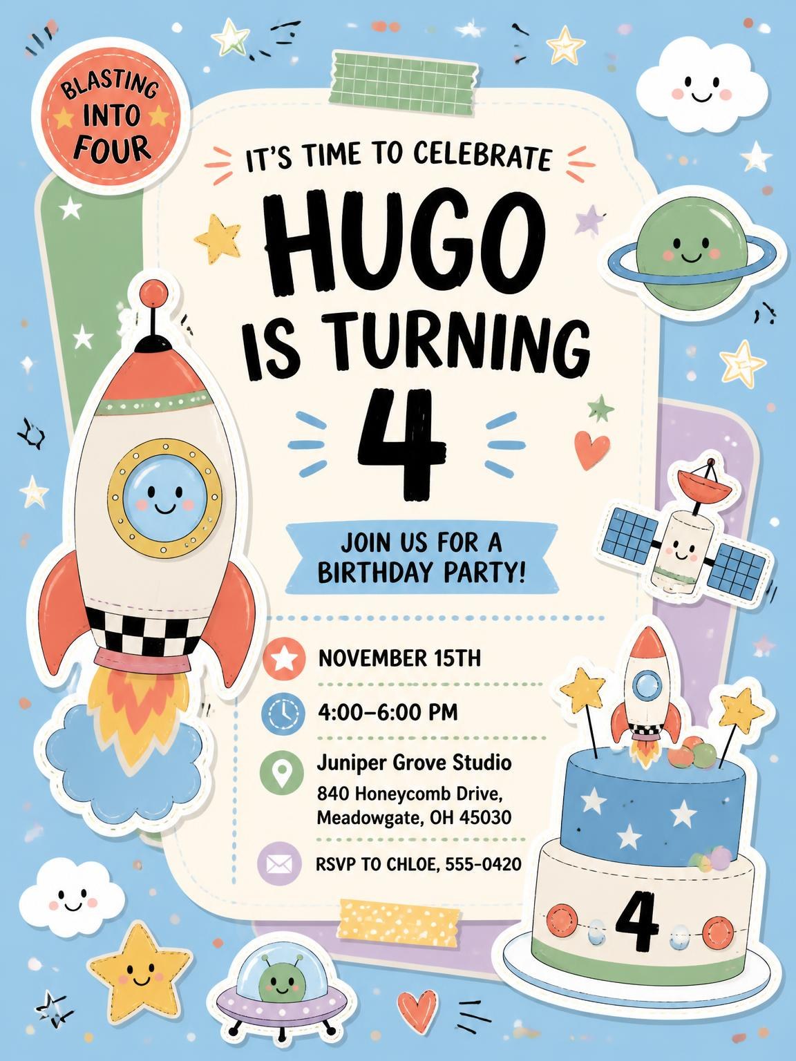 Spaceship Rocket Pastel 4th Birthday Invitation