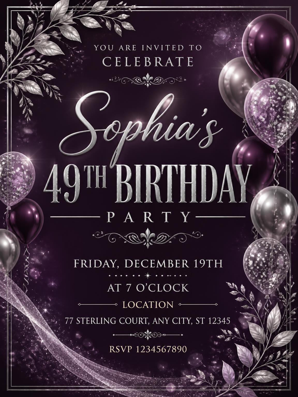 Plum and Silver 49th Birthday Invitation