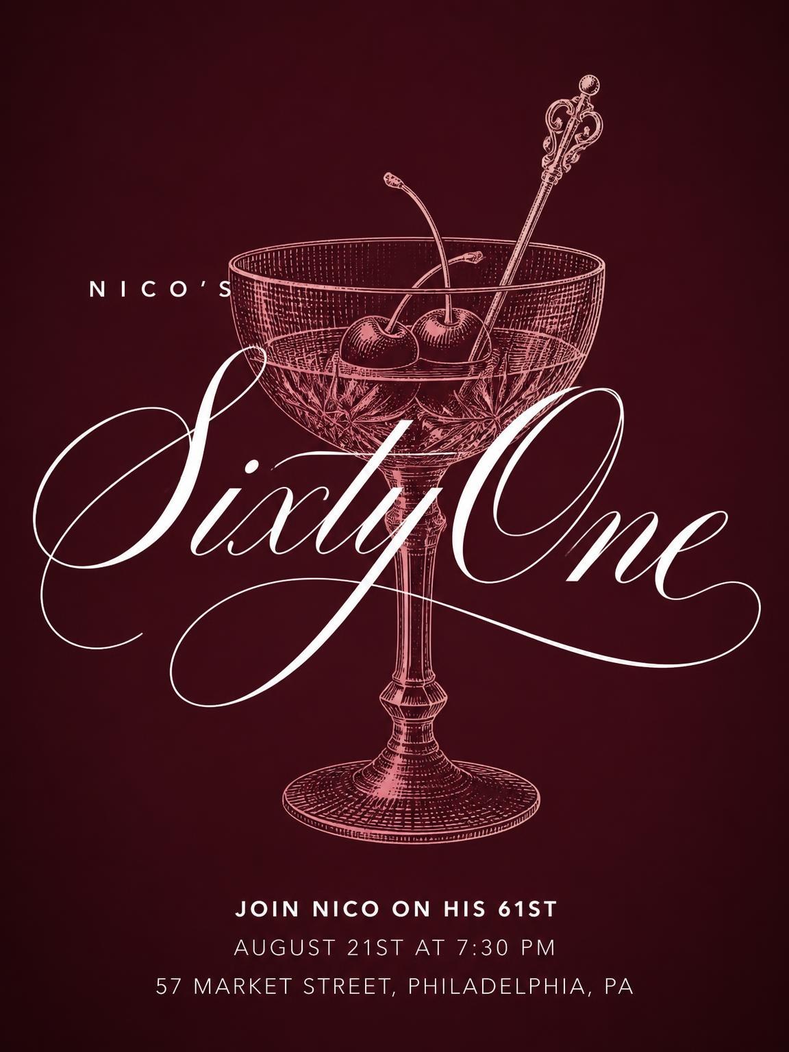 Burgundy Cocktail 61st Birthday Invitation