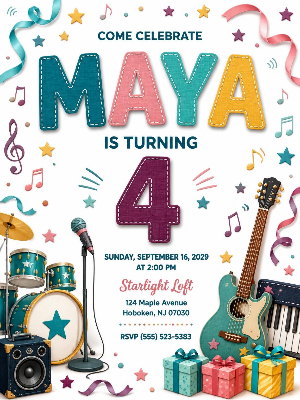 Stitched Rock Star 4th Birthday Invitation