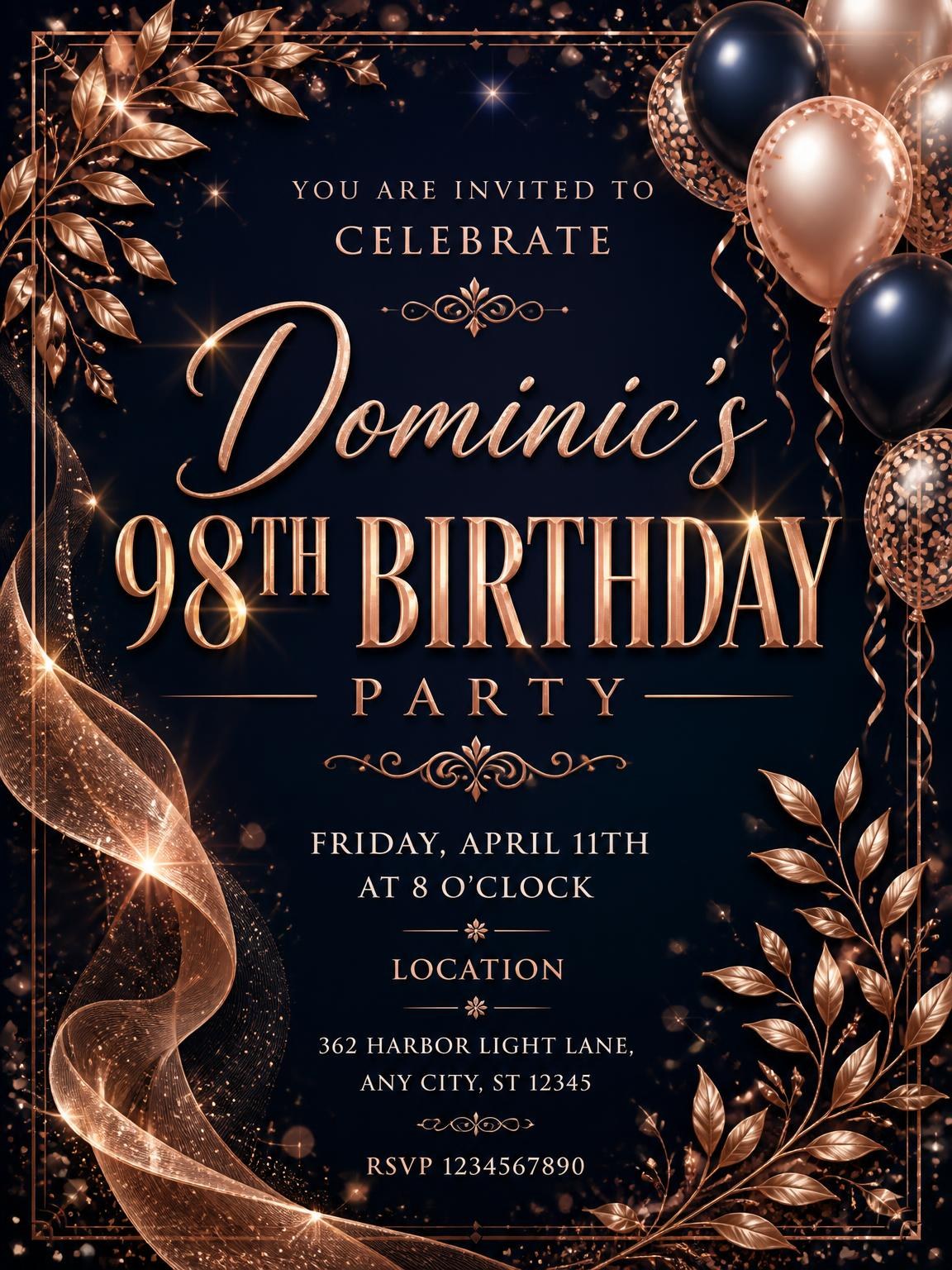 Navy and Rose Gold 98th Birthday Invitation