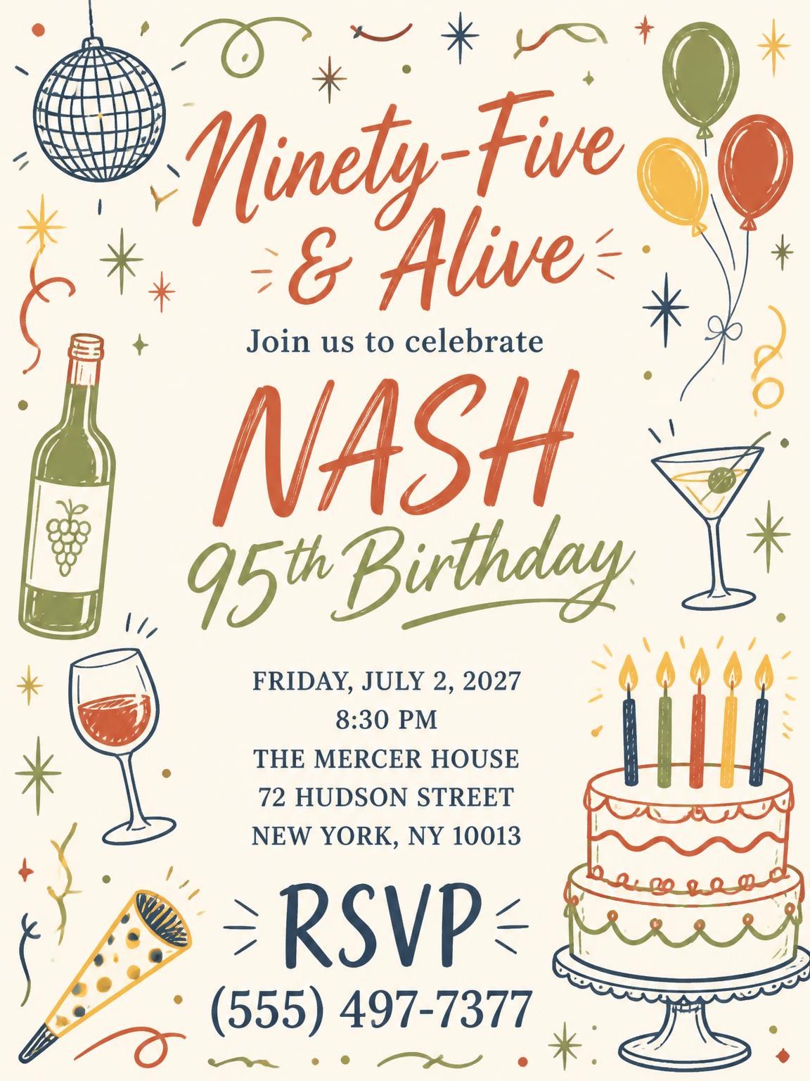 Retro Doodle 95th Birthday Invitation