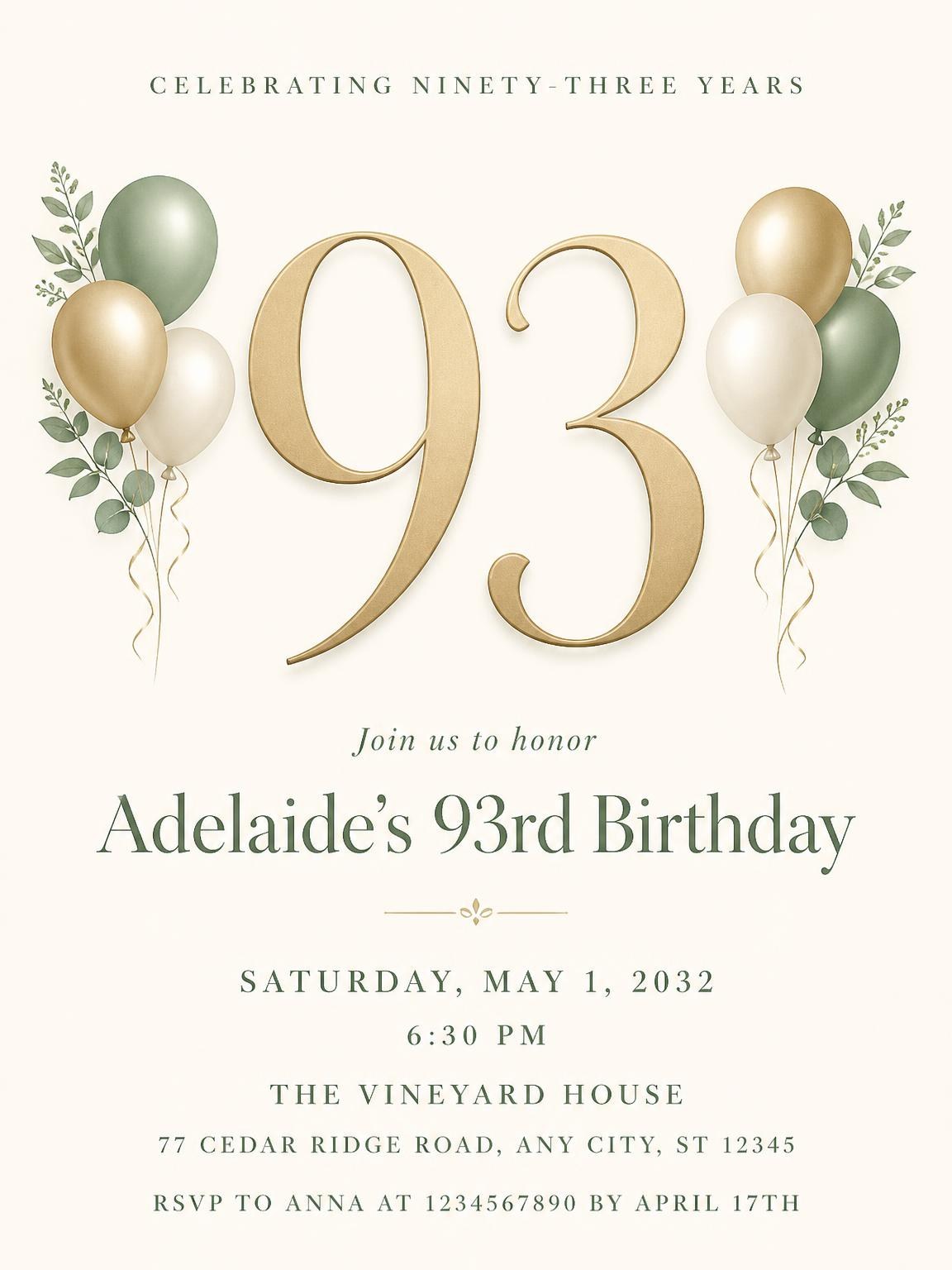 Sage and Ivory 93rd Birthday Invitation