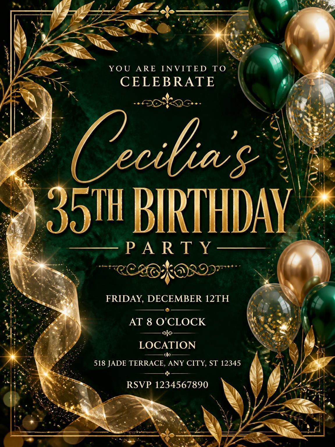 Emerald and Champagne 35th Birthday Invitation