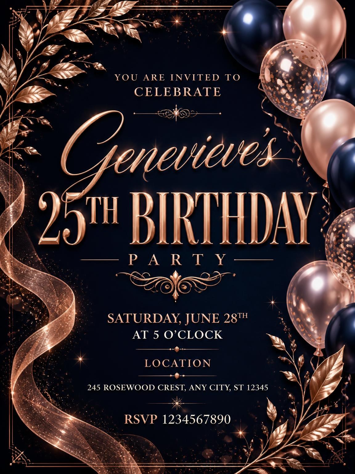 Navy and Rose Gold 25th Birthday Invitation