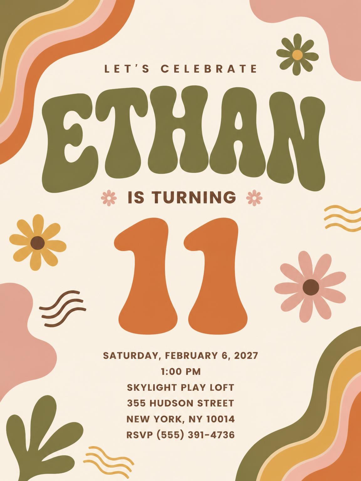 Groovy Retro 11th Birthday Invitation