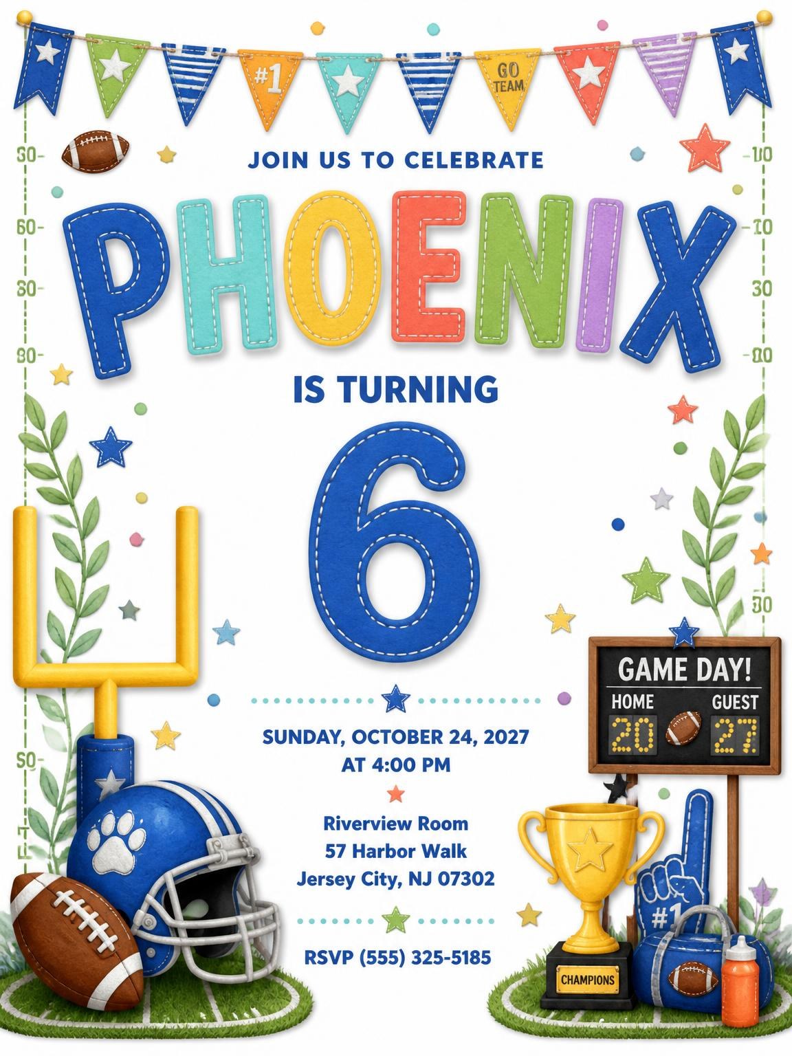 Stitched Football 6th Birthday Invitation