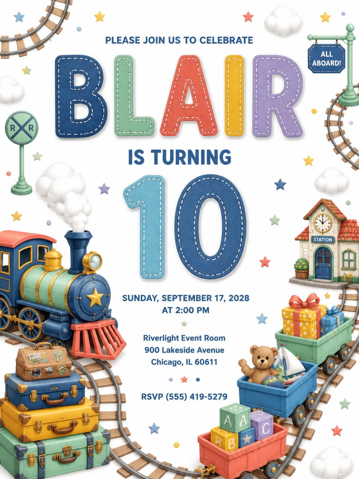 Stitched Train 10th Birthday Invitation