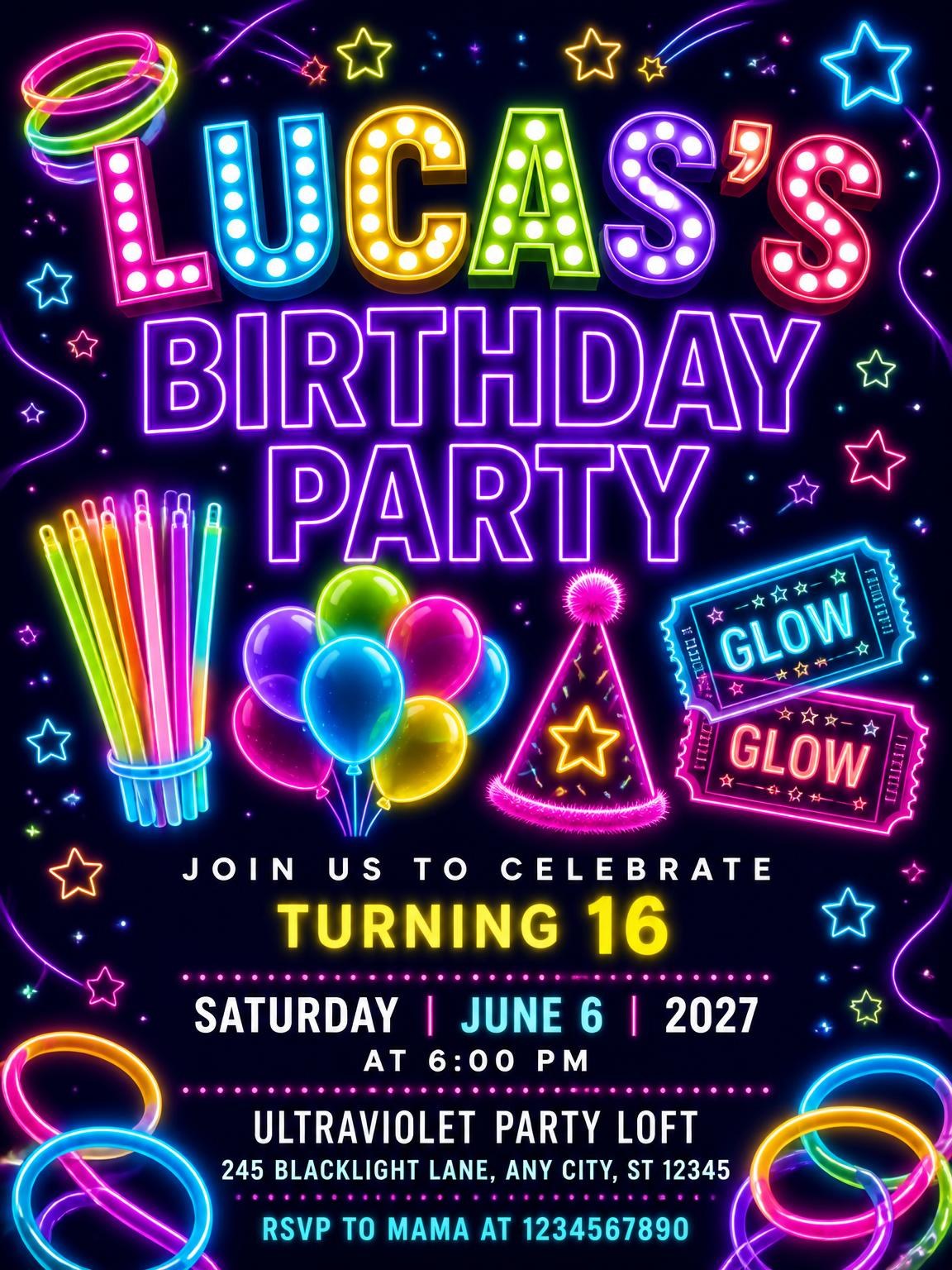 Neon Glow Party 16th Birthday Invitation