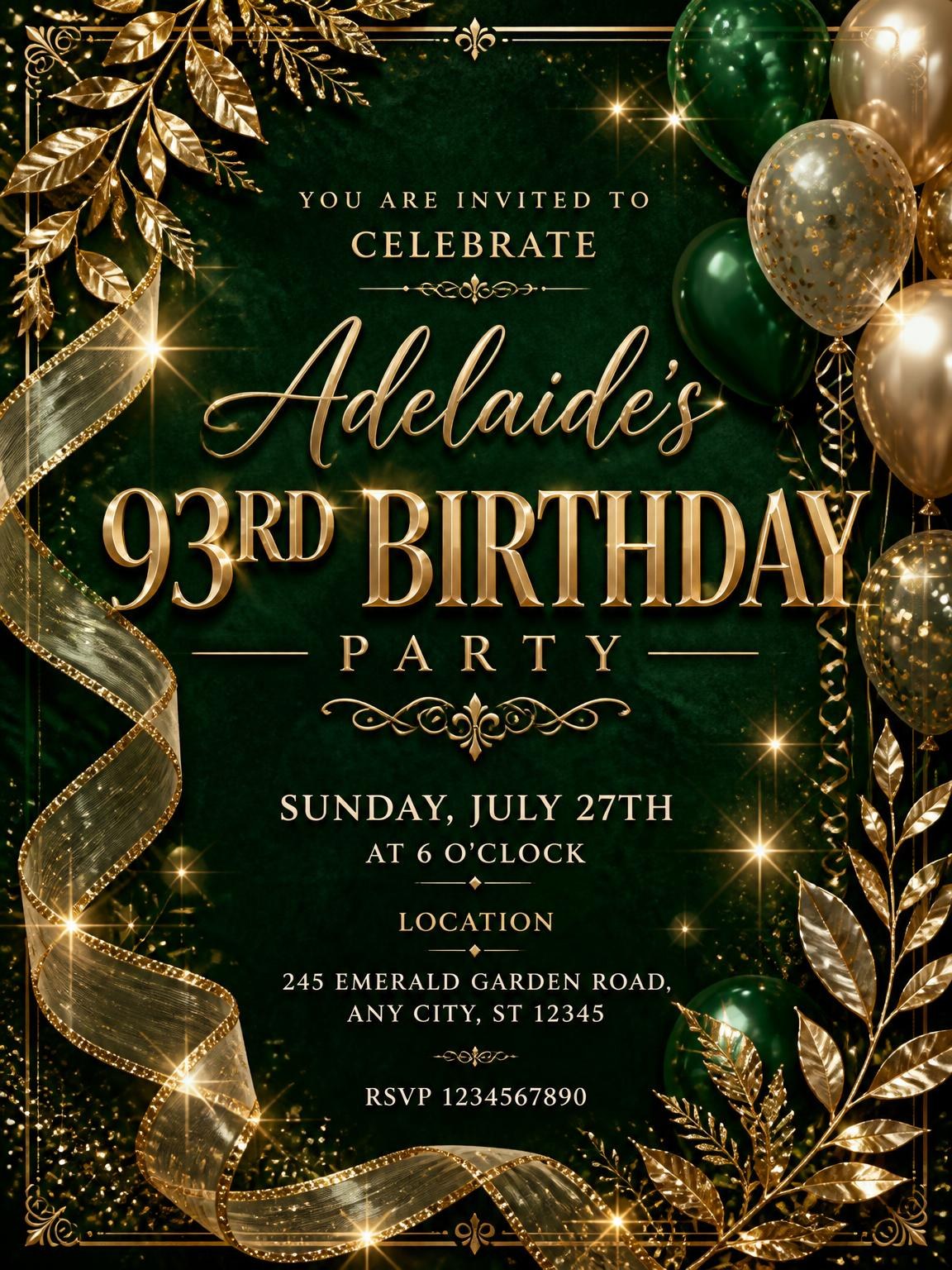 Emerald and Champagne 93rd Birthday Invitation