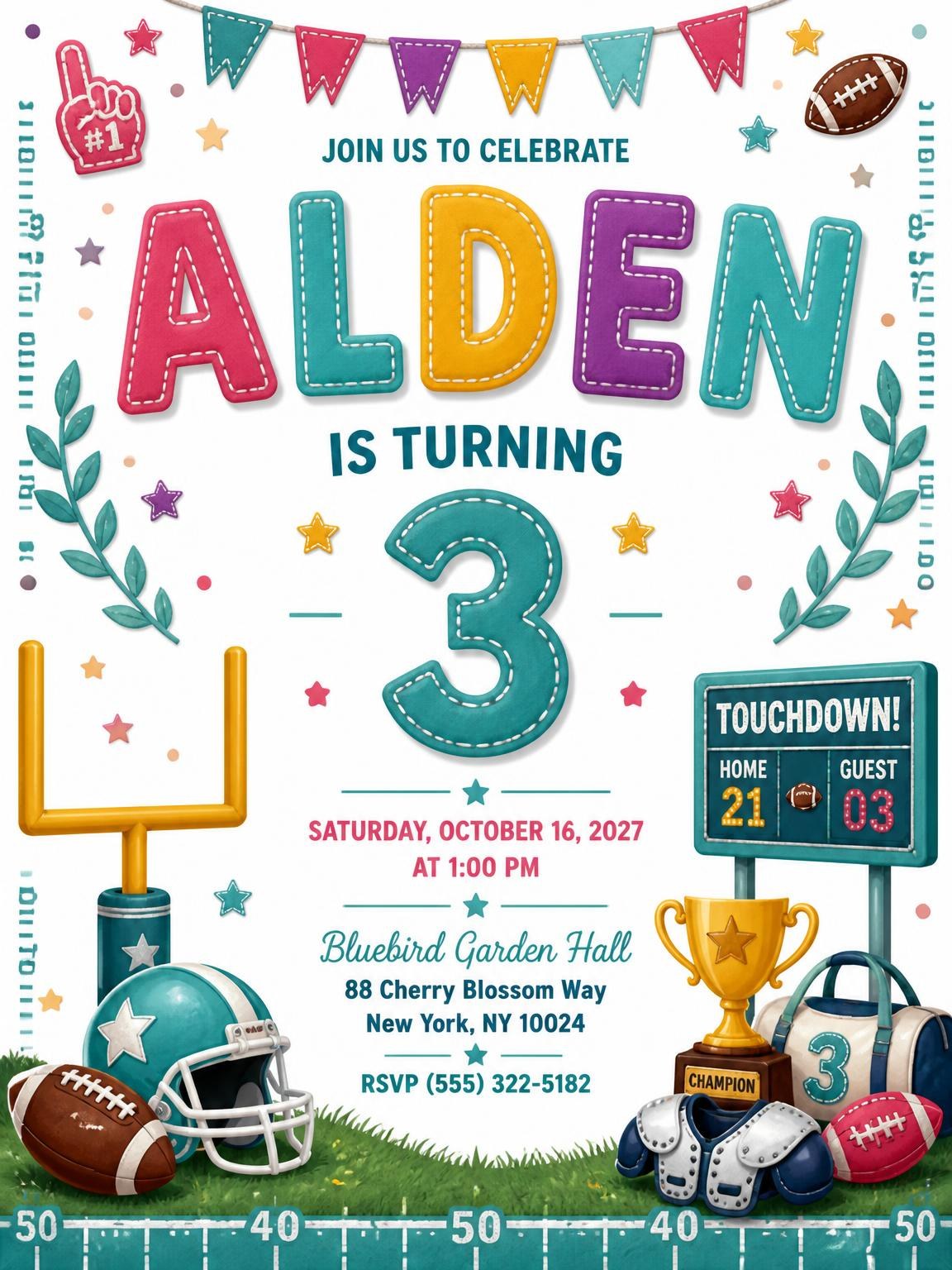 Stitched Football 3rd Birthday Invitation