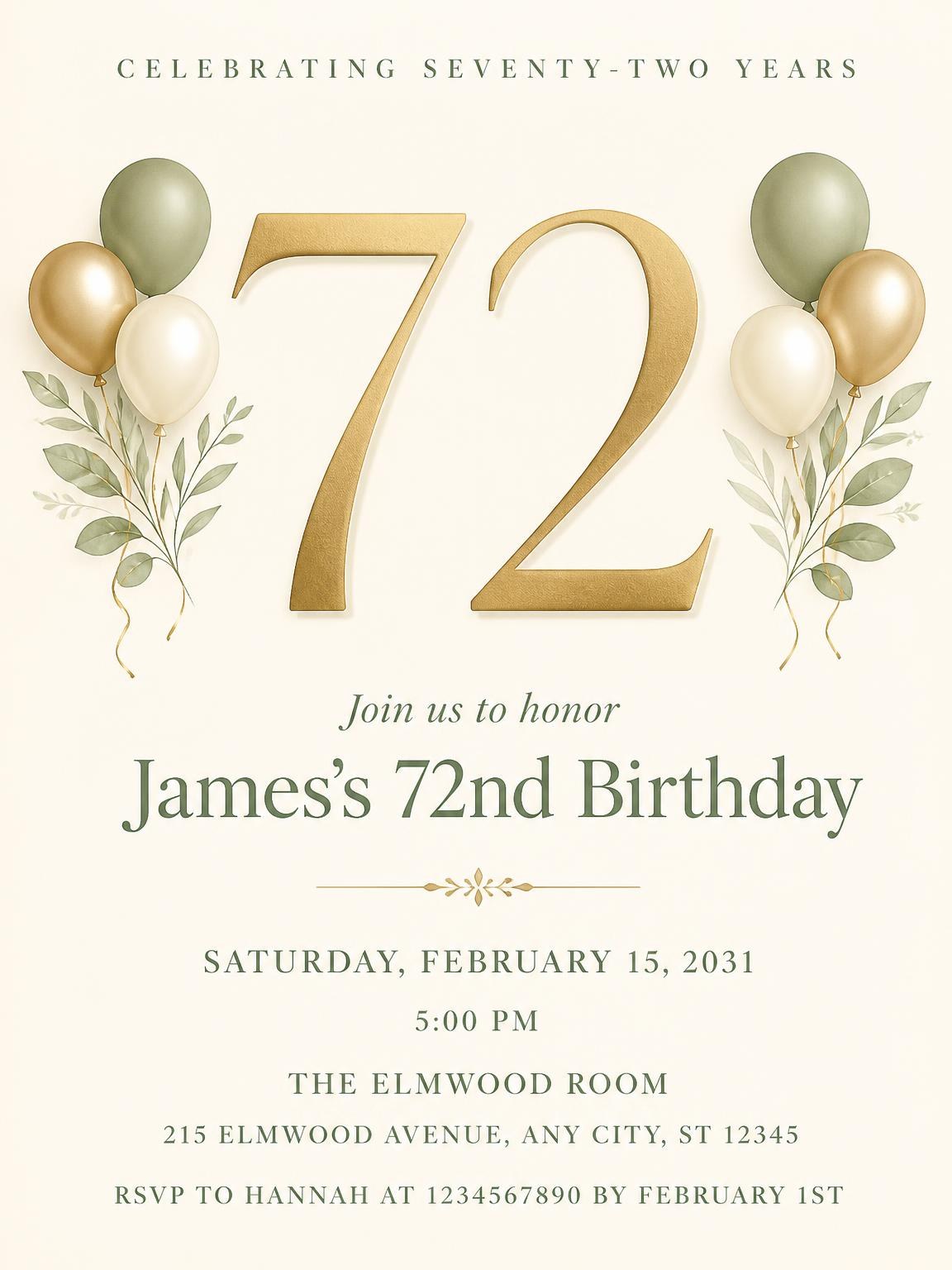Sage and Ivory 72nd Birthday Invitation