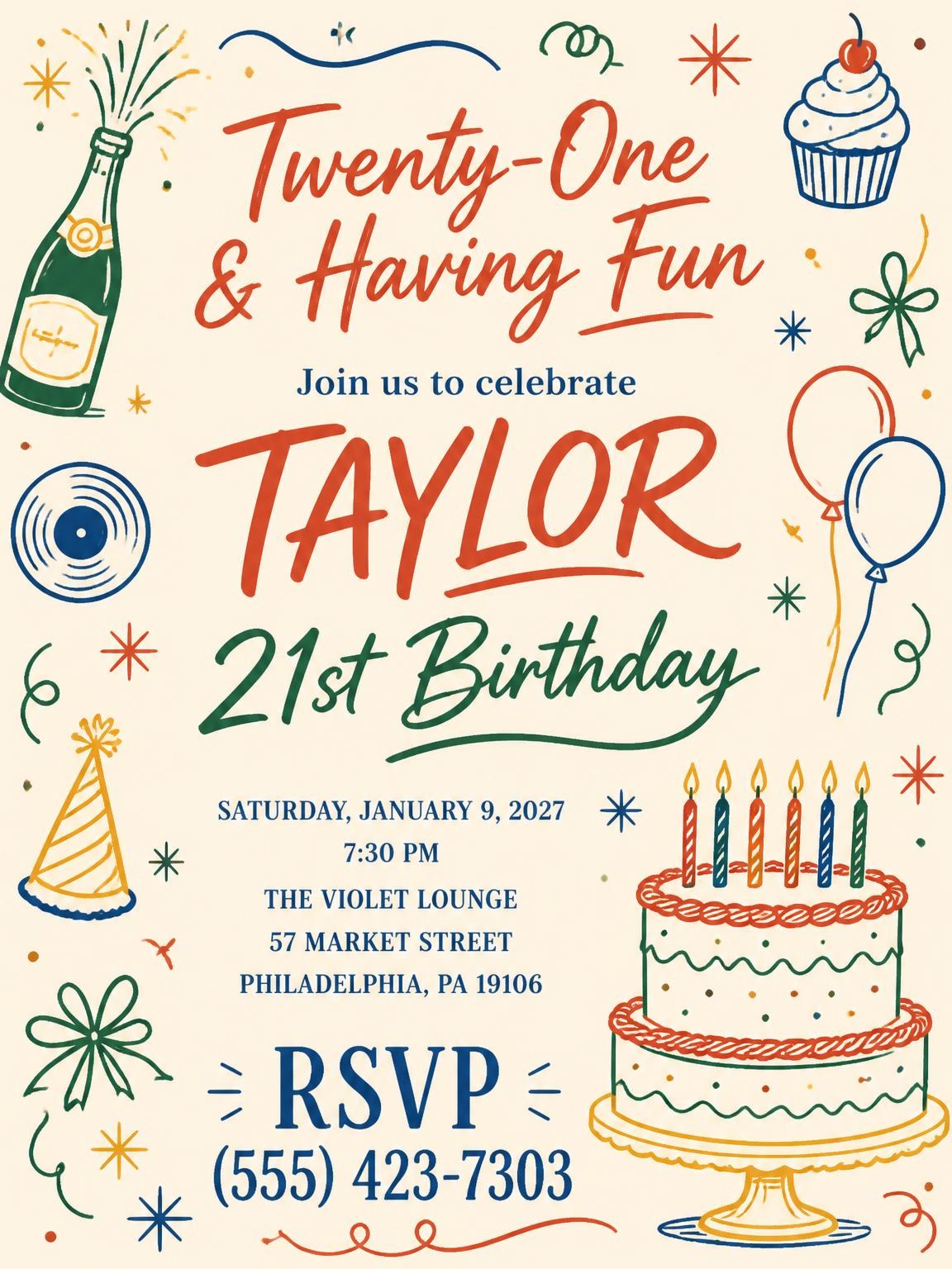 Retro Doodle 21st Birthday Invitation