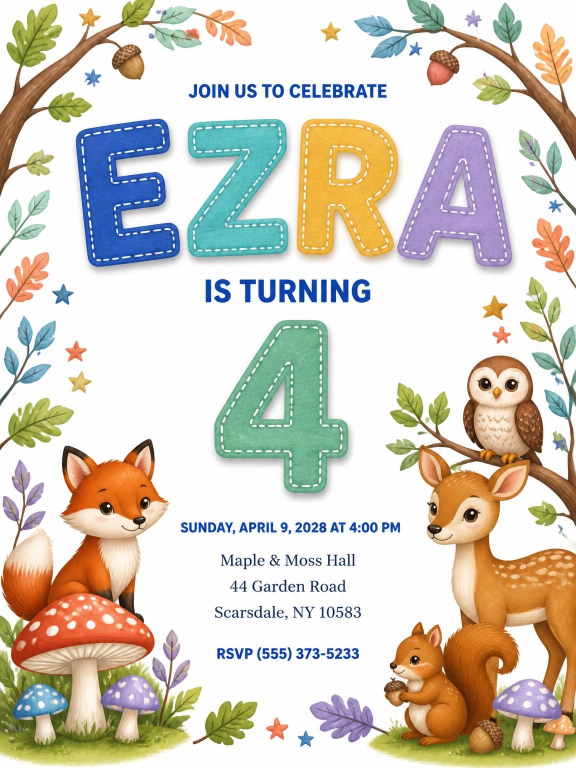 Stitched Woodland 4th Birthday Invitation