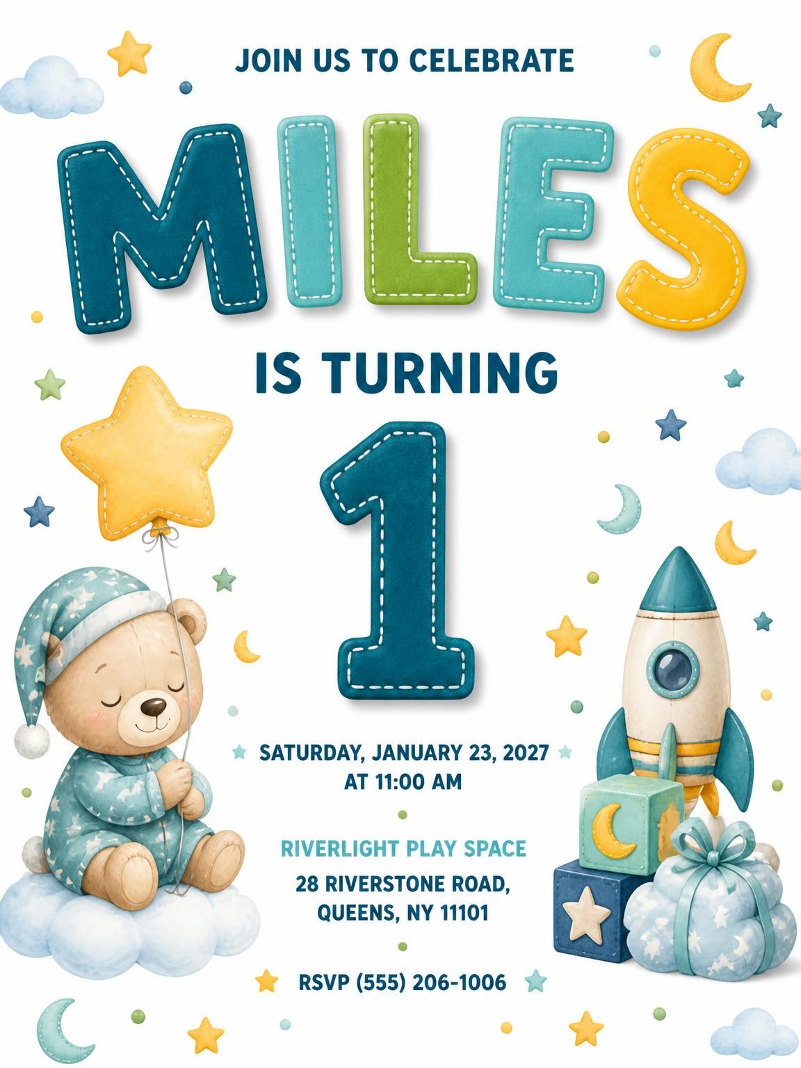Crescent Moons Stitched 1st Birthday Invitation