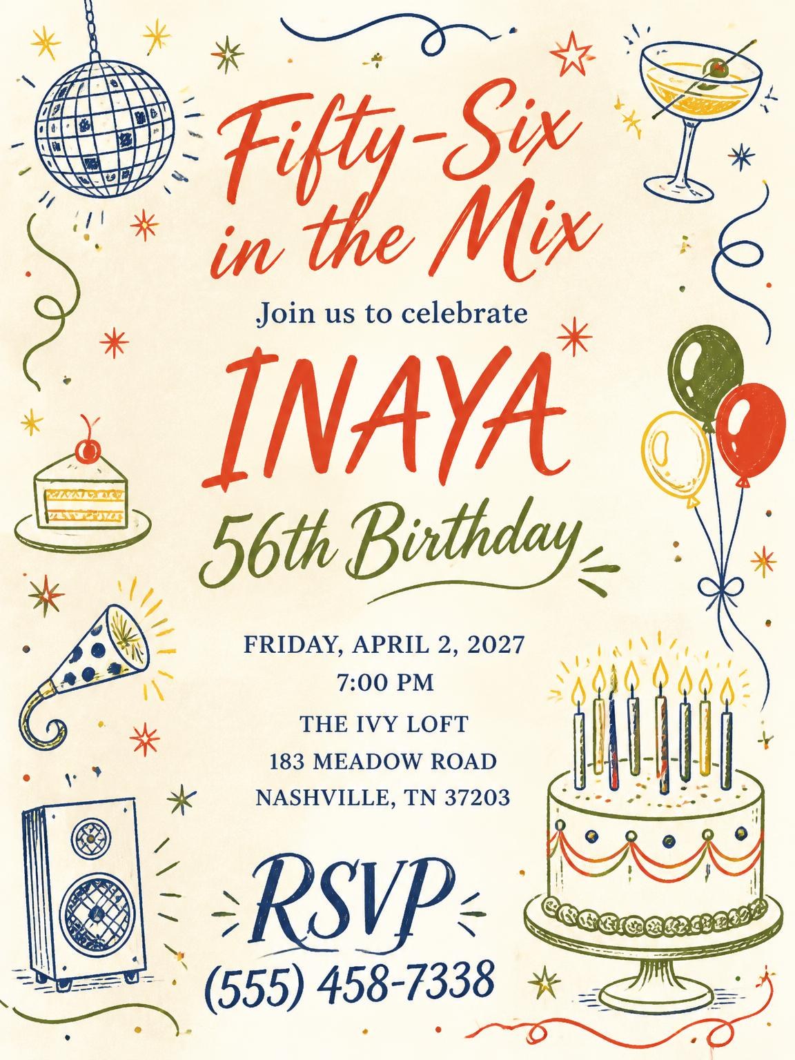Retro Doodle 56th Birthday Invitation