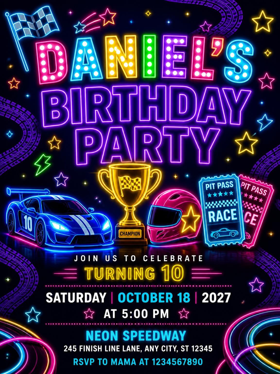 Neon Race Cars 10th Birthday Invitation