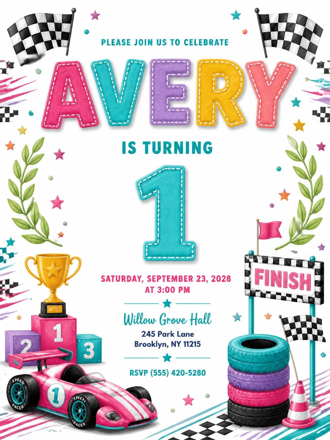 Stitched Race Car 1st Birthday Invitation
